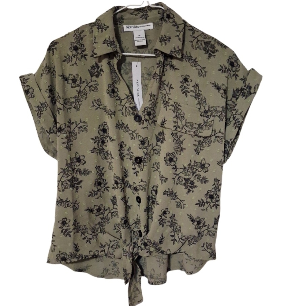 New York‎ Clothing Company Floral Olive Green Print Button-Up Top Size M NWT